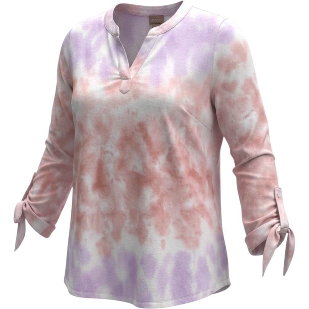Chicos Tie Dye Split Neck Blouse Purple Orange 3/4 Tie Sleeve Size 1